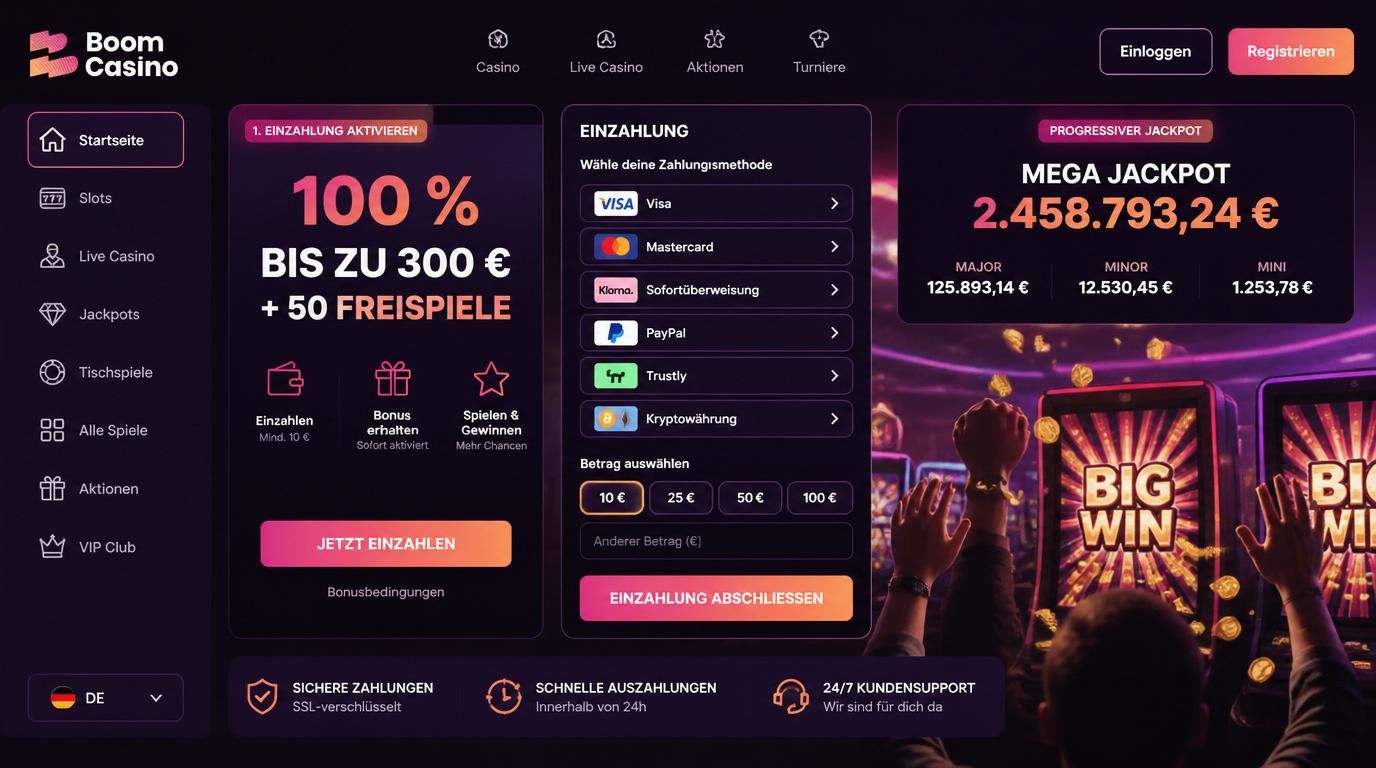 Screenshot eines Einzahlungsvorgangs mit Highlight auf Bonusbedingungen und progressivem Jackpot