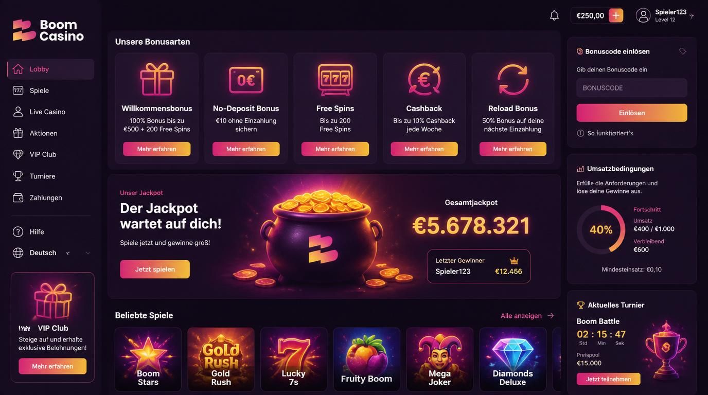 Icons für Bonusarten vor leuchtendem Jackpot-Hintergrund mit Bonuscode-Eingabe