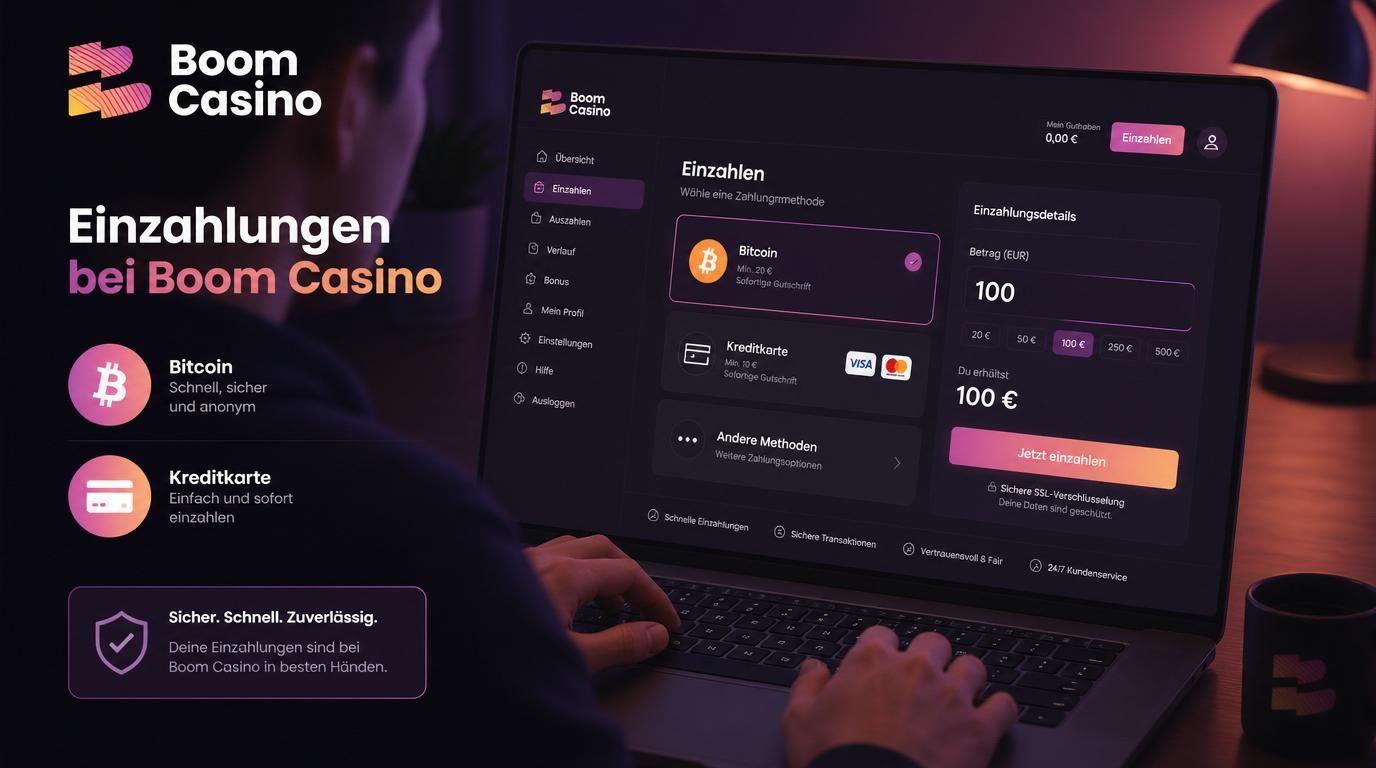 Ein Blick auf das Einzahlungsmenü und Zahlungsmethoden im Boom Casino.