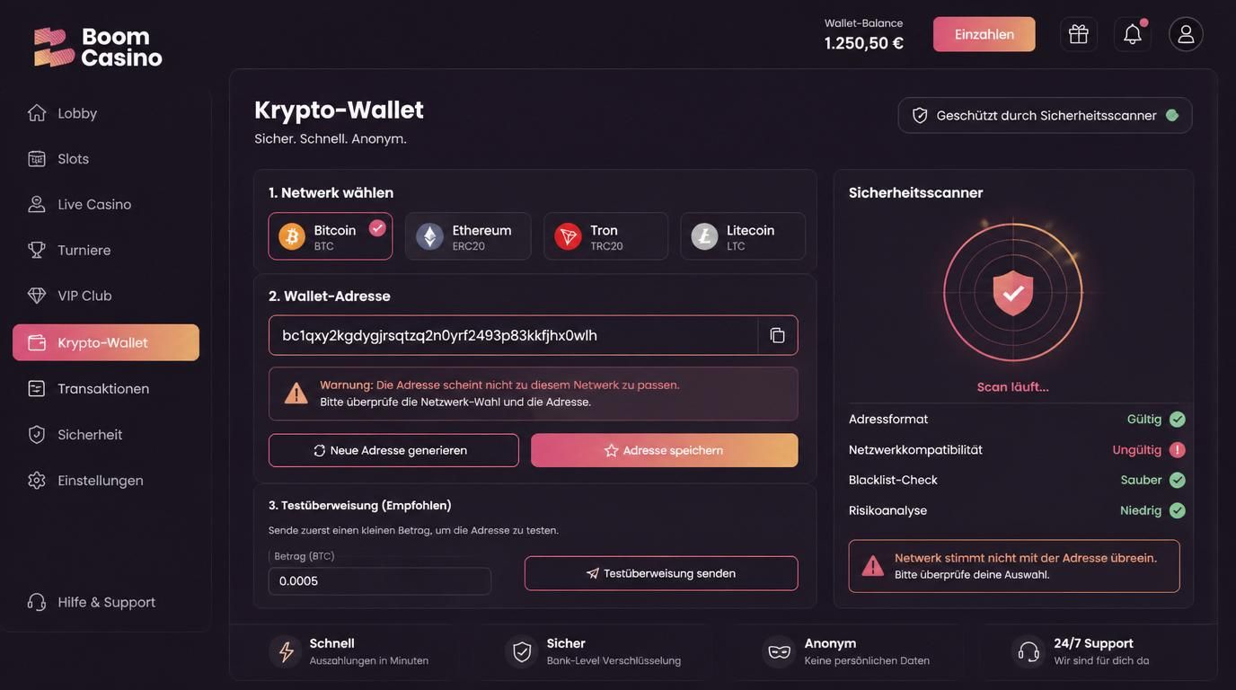 Sicherer Krypto-Einzahlungsvorgang mit Adresse prüfen.