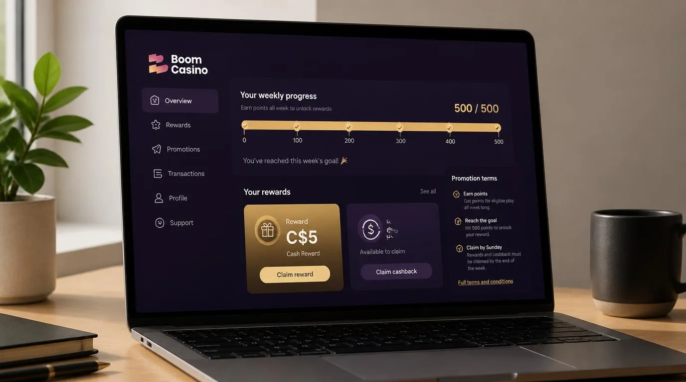 Casino-Dashboard mit Punktestand, wöchentlicher Bonusprämie und einer Cashback-Kachel