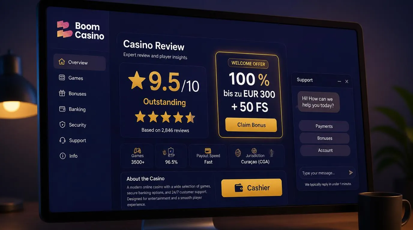 Casino-Oberfläche mit Gesamtwertung 9,5 von 10, Willkommensangebot und Zugang zur Kasse