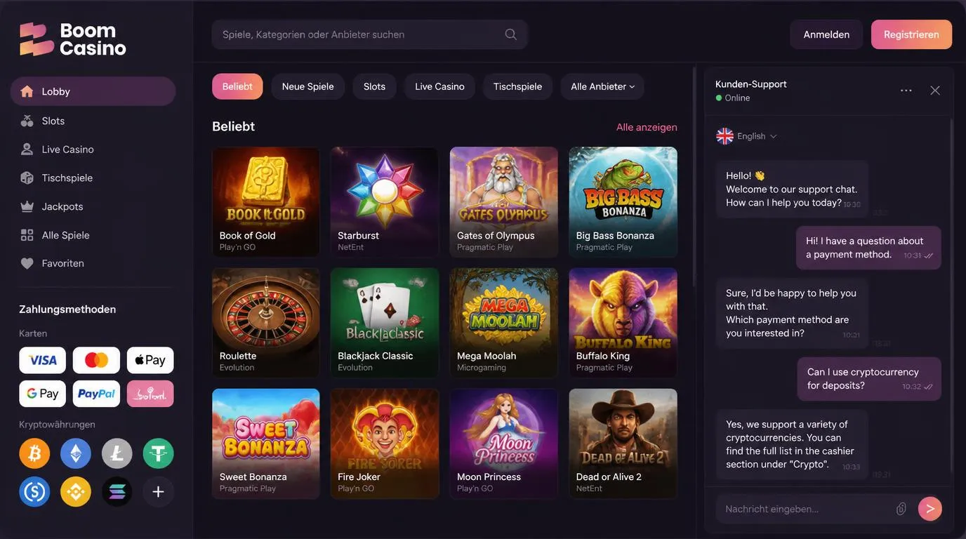Casino-Oberfläche mit Zahlungskarten, Kryptowährungen, Live-Chat und einer Auswahl verschiedener Spiele