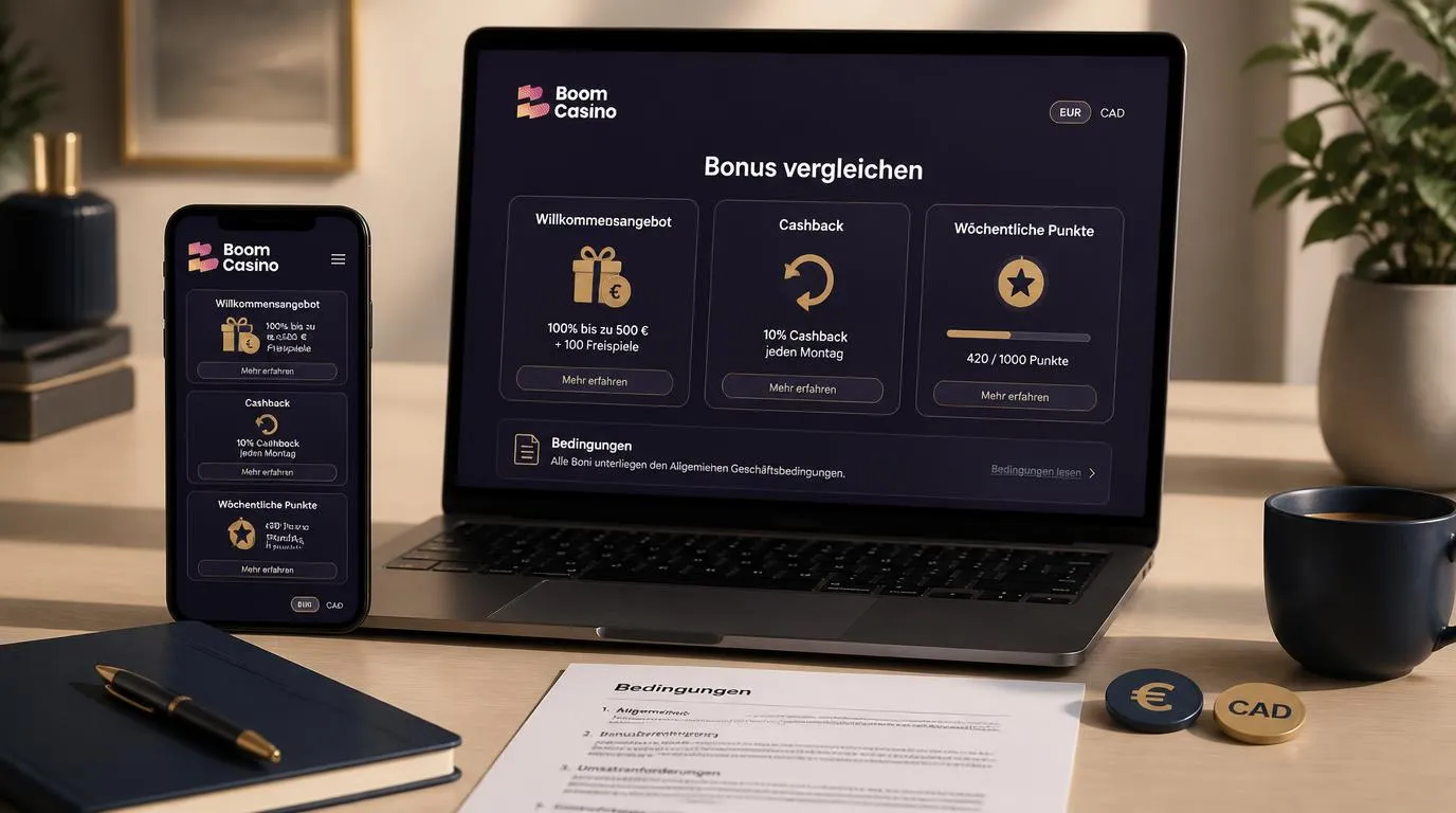 Mobilansicht mit Willkommensbonus, Cashback und wöchentlichen Punkten neben Angaben zu den Bonusbedingungen